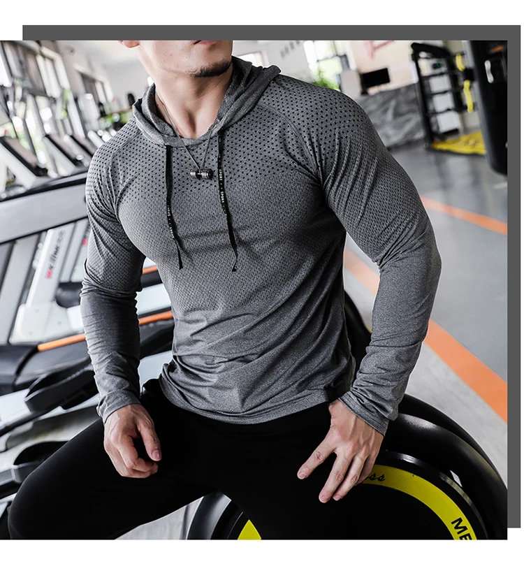 Men Running Shirt Man Long Sleeve Hooded Gym Fitness Training T-shirt ...