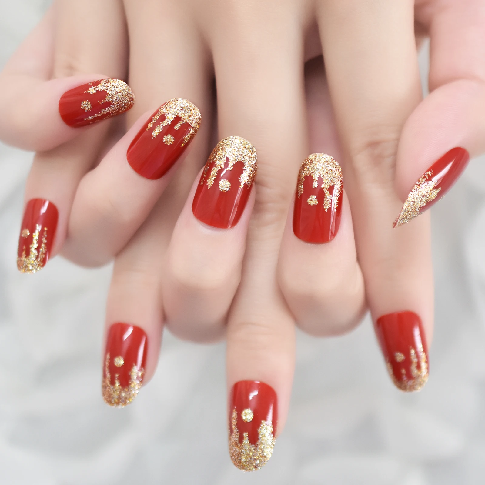 Shiny Red with Glitter Design Square Press on Nails