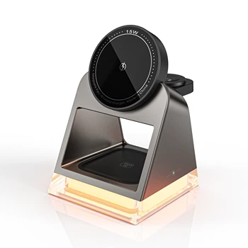15W Fast 3-in-1 Wireless Charger Magnetic Smart Watch Phone Stand and Night Light for iPhone Mobile Phone and Earphone