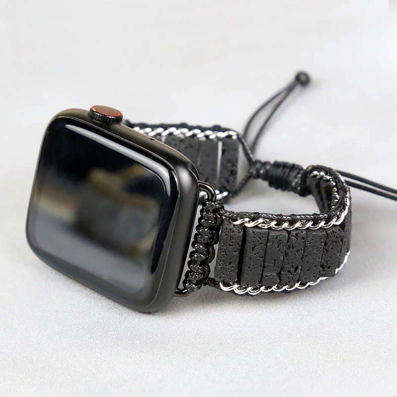 2022 Cube Lava Stone Trendy Watch Band Silver Chain Beads Wrap Wax Rope ...