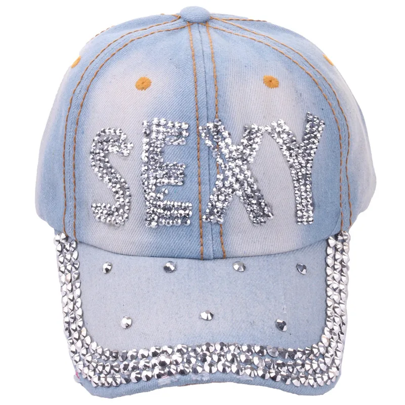 Ashen Fane Rhinestone Baseball Hat - 6 Panel Studded Denim Bling Cap For Women