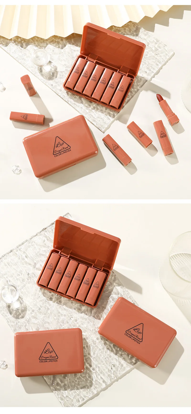 Dragonranee ODM Mini Cute Lipstick Sample Set 6 Vegan Nude Matte Lipsticks and Lip Gloss Lasting Pencil Form Box Packaging