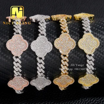 NEW Clover Bracelet Cuban Link VVS Moissanite Chain 925 Hip Hop Iced Out Jewelry 18k Gold Plated Necklace