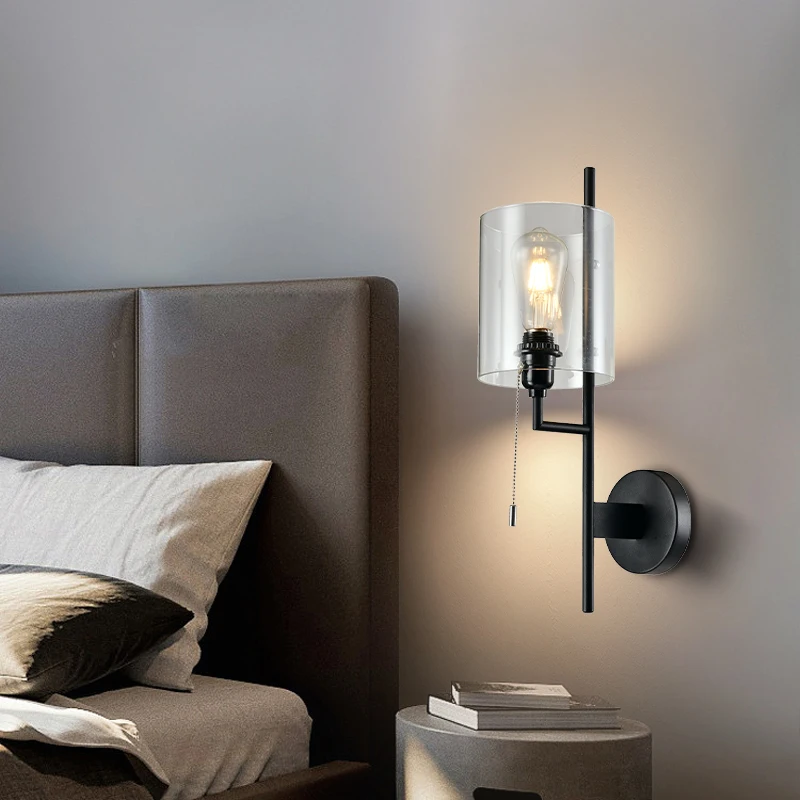 Modern Home Wall Sconce Fixtures Glass Lampshade With Pull-chain Switch ...