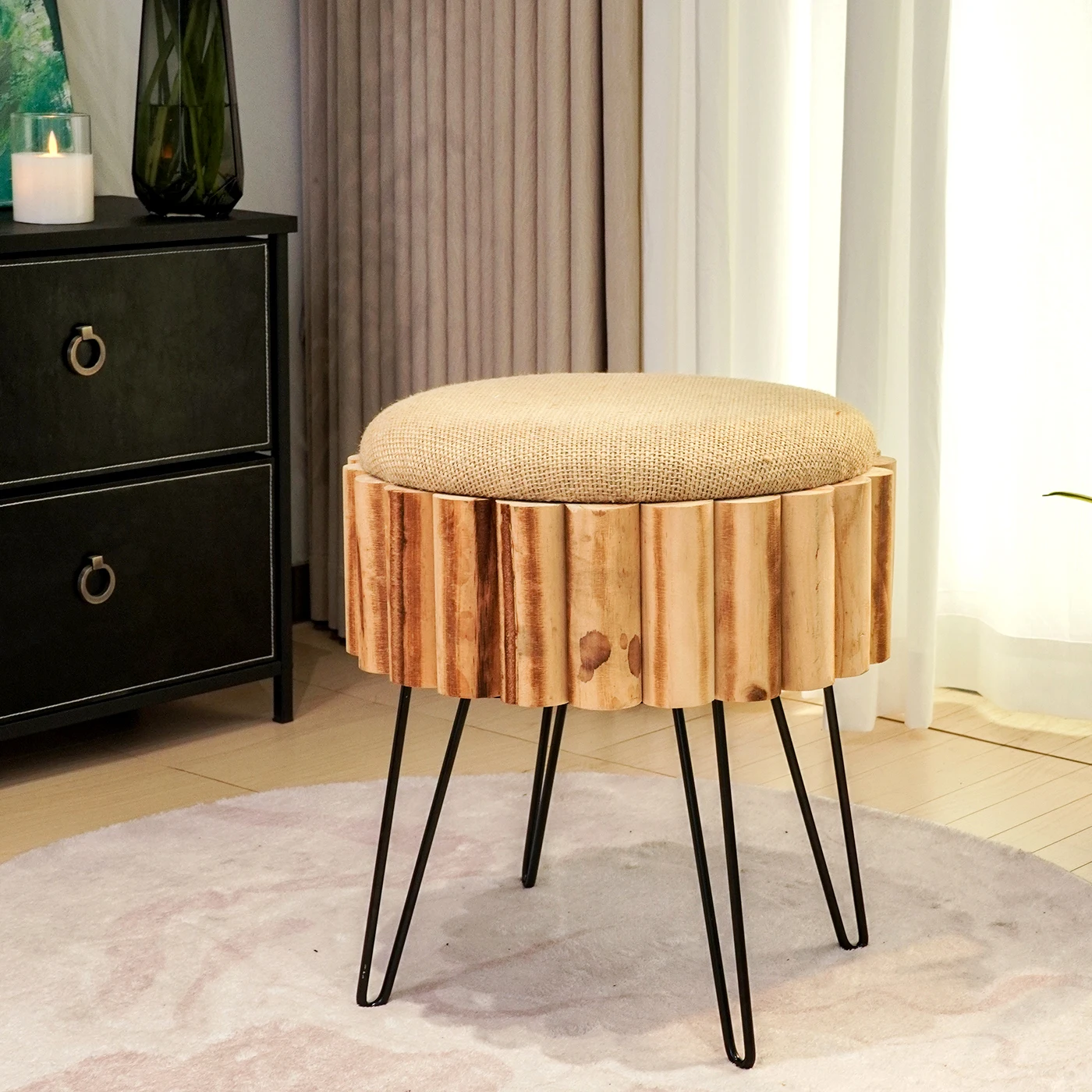 Functional Space Saving Velvet Pouf Round Green Fabric Storage Bench Ottoman Stool