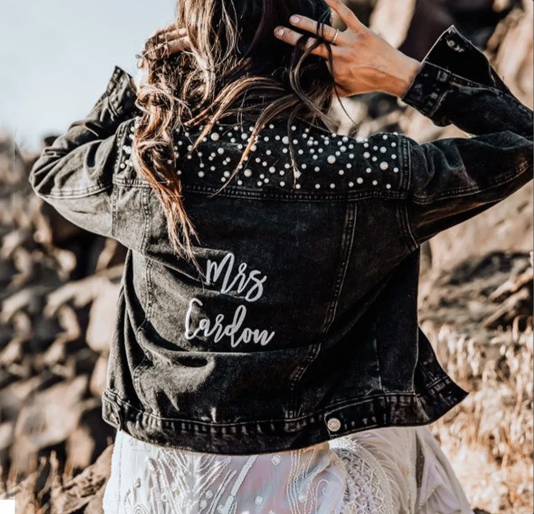 Logo ricamo testo personalizzato Plus Size donna giacca di jeans perla  manica lunga perline donna giacca di jeans primavera e autunno cappotto