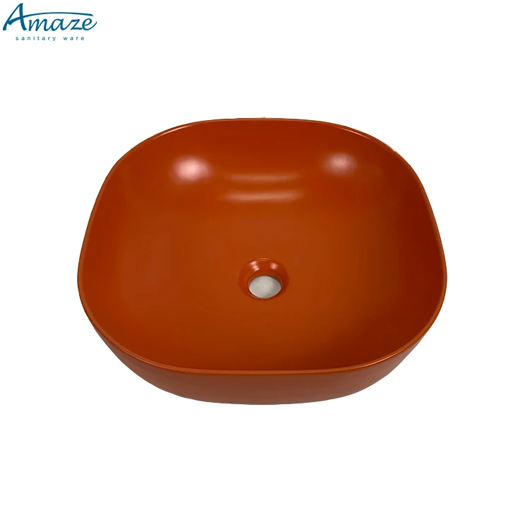 Orange color small square porcelain counter top washbasin hotel ceramic bathroom sink hand wash art basin factory