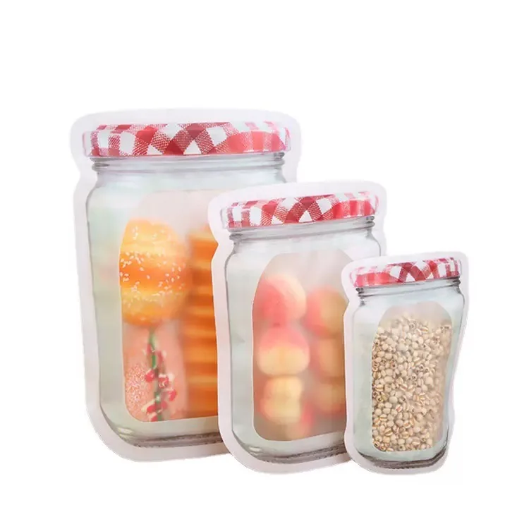 Reusable Mason Jar Ziplock Bags Portable Bottle Shape Smell Proof Stand up Zipper Bag Plastic Ziplock Pouch With Matte Window