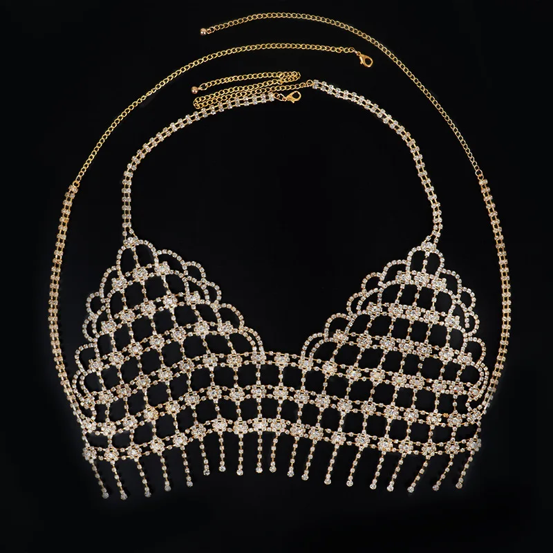 Sexy Women Bikini Jewelry Mesh Rhinestone Sliver Tassel Body Chain Nightclub Exaggerated Diamond 7176