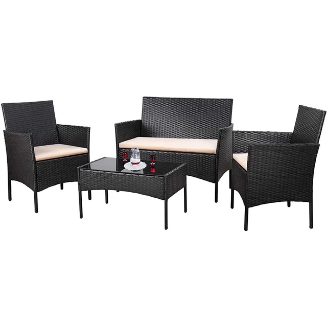 Homecome Modern Style 4-Piece Outdoor Garden Furniture Rattan Wicker Conversation Set with Tables