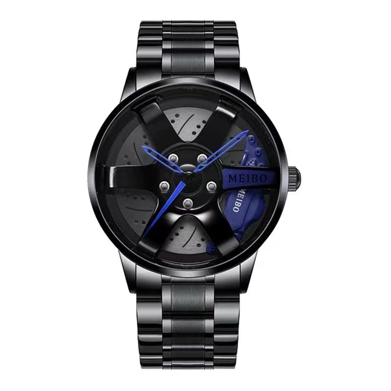 Montre Homme Sport ROUE Noire - Cadran Jante De Voiture, Acier, Mouvement Quartz - Neuf Avec Boîte