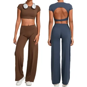 Solid Backless Butt Lifting 2 Piece High Waist Elastic Quick Dry Sports Lightweight Crew Neck Sleeveless Yoga Wear