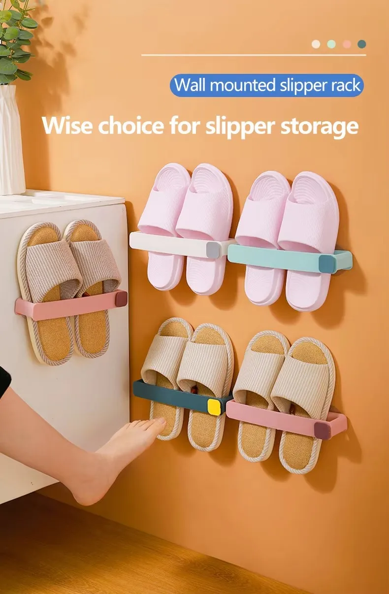 Wall Mounted Plastic Slippers Rack Rectangle Multifunction Bathroom Towel Shelf Hooks Injection Adhesive Bathroom Organizer supplier