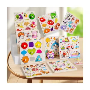 Wooden Peg Knob Hand Grasp Matching 3D Puzzle Board Child Educational Alphabet Cartoon Dinosaur Jigsaw Toys for Kids Boys Girls