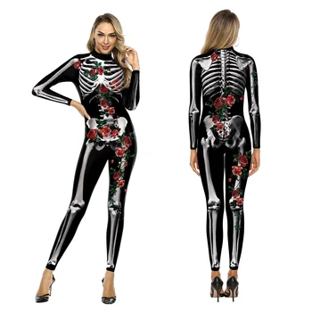 2022 Hot Sale Bodysuit Halloween Costumes For Women 3D Print Rose Skeleton Jumpsuit Plus Size Cosplay Costume