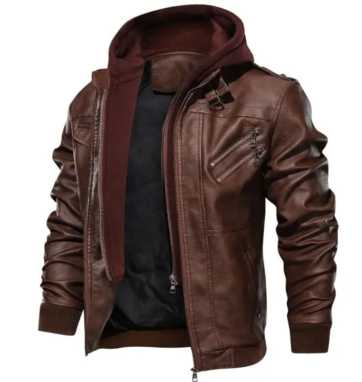Men Motorbike Pu Leather for Winter Custom Design Zipper Up Casual Motorcycle Jacket with Hood_voghion.com