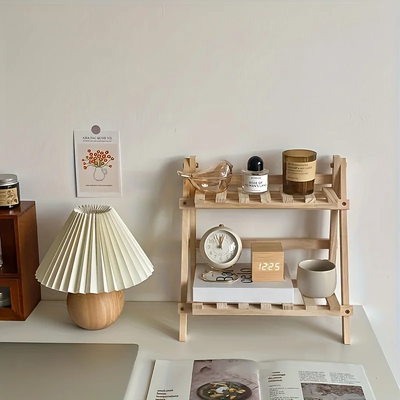 A Two-Layer Desktop Wooden Storage Organization Shelf Trapezoidal Desktop Display Shelf