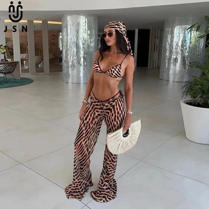 JSN 2026 Customize New Fashion Three-piece Leopard Print Bikini Swimsuit Suit with Pants Women's Sexy Bikinis Backless Swimsuit