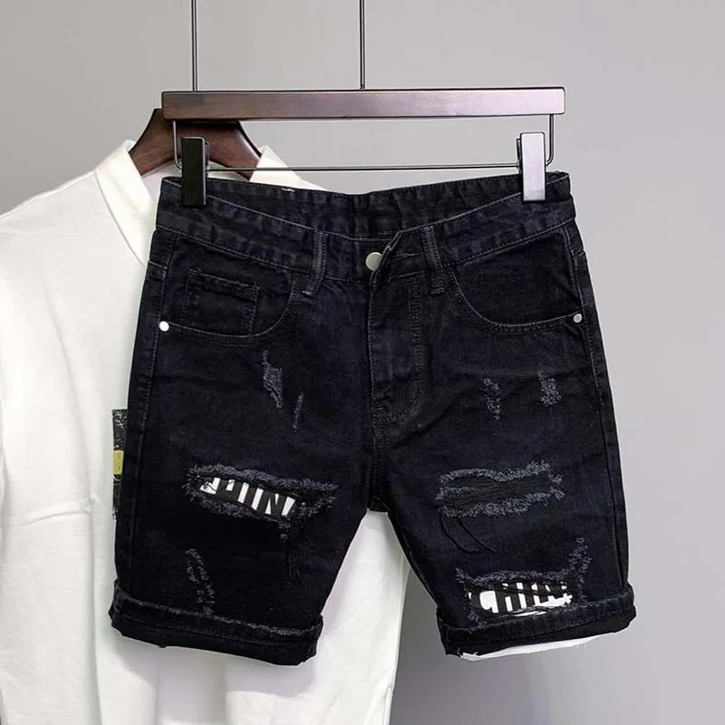 Fashionable Custom Black Denim Short Ripped Casual Slim Jeans Shorts Men