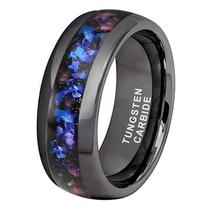 8mm Gunmetal Tungsten Rings for Men Women Orion Nebula Opal Galaxy Inlay Engagement Wedding Band Polished Shiny Comfort Fit