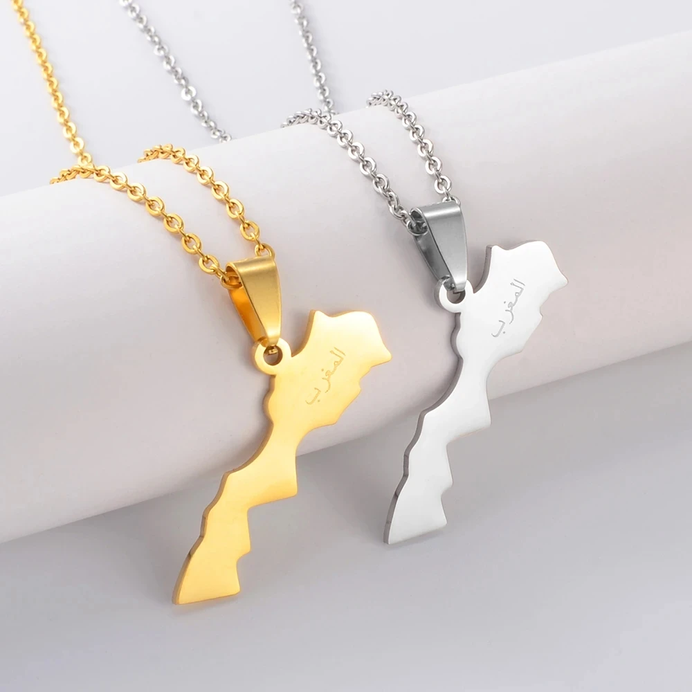 Collane con ciondolo mappa del Regno del Marocco in acciaio inossidabile Donna Ragazza Uomo Moda Colore oro Anniversario per feste Regali di gioielli  36