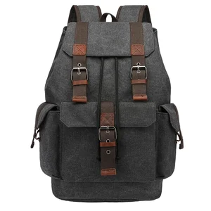 custom logo For ZUOLUNDUO Men's Luxury Vintage Fashion Style Canvas Backpack Fast Shipping Genuine Leather Anti-theft Zipper & String