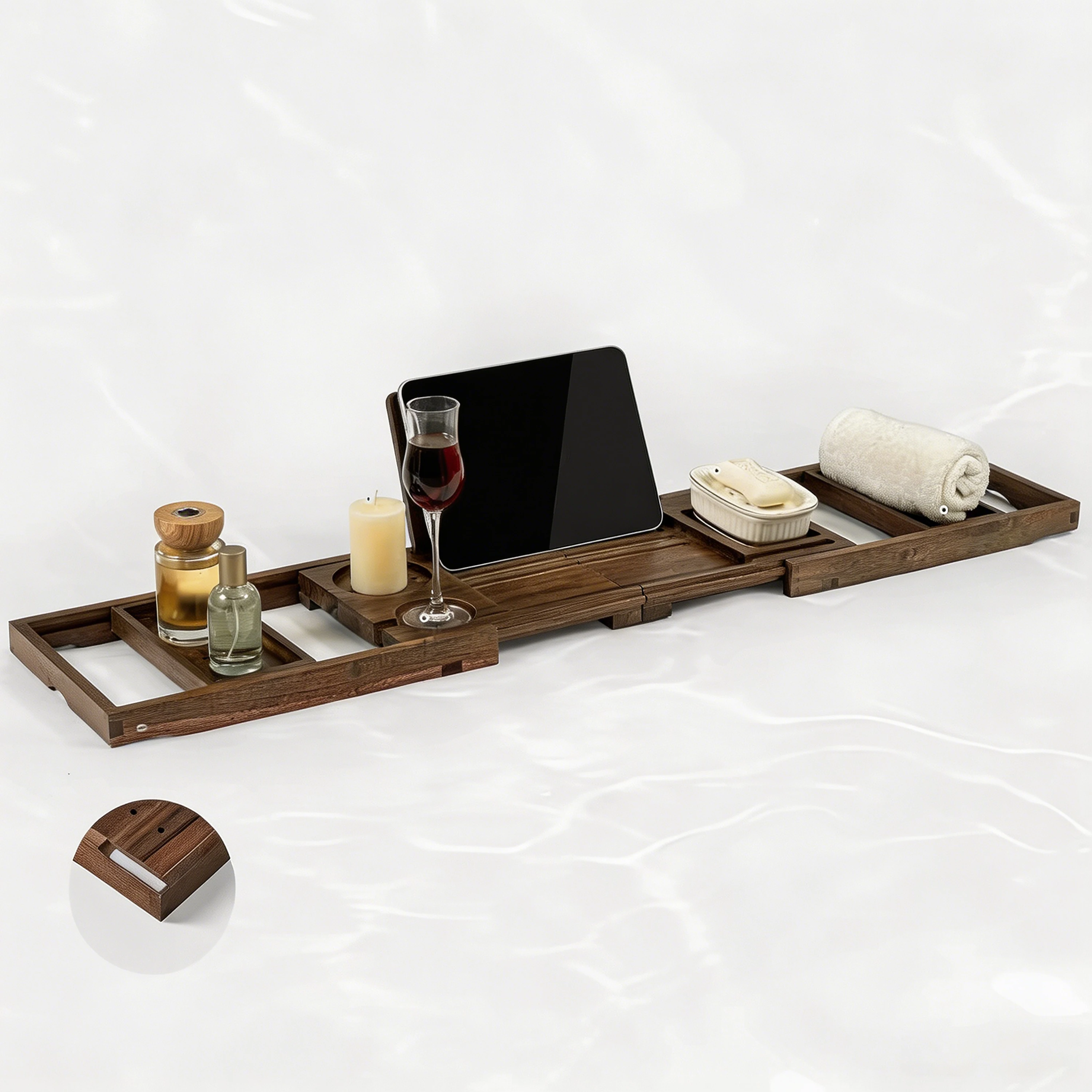 Foldable Teak Wood Bathtub Tray Caddy Expandable Heavy Duty Bath Organizer with Sliding Trays for Hotel Spa Housewarming Gift