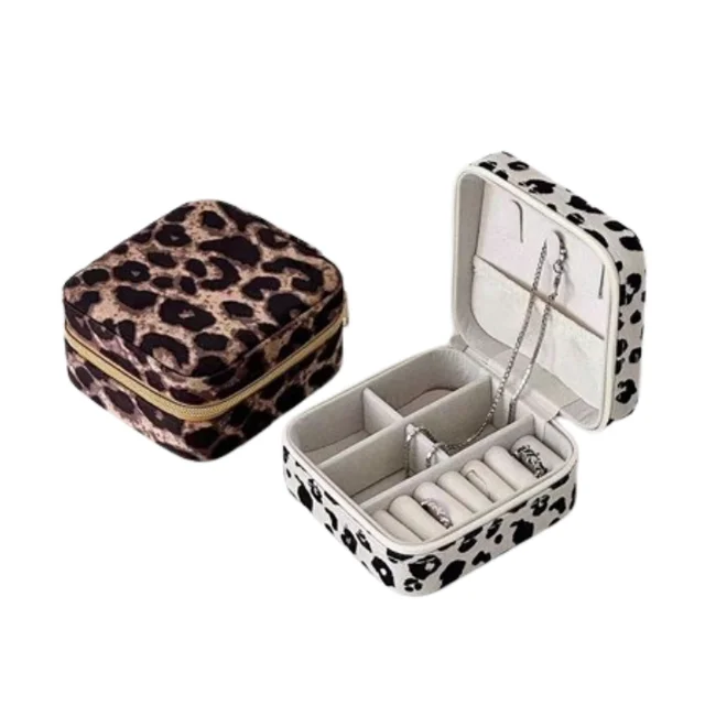 Portable Leopard Print Velvet Leather Jewelry Box with Mirror for Earrings Ring Bracelet Storage