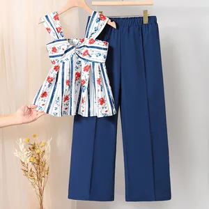 2026 Summer Vacation Tween Children Girl Outfit Floral Print Crop Top Wide Leg Pants Two Piece Sets Boho Kids Clothes