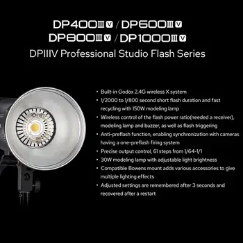 GODOX DP600IIIV GN106 Studio Flash Strobe Moonlight 600Ws LED Modeling Lamp Bowens Mount 2.4G Wireless System detail image