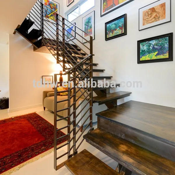 Indoor Steel Structure Central Stringer Stairs With Original Wood Tread