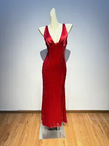 High-end V-neck Strapless Sequin Red Casual Dress Date Christmas Sexy Charming Long Party Dress