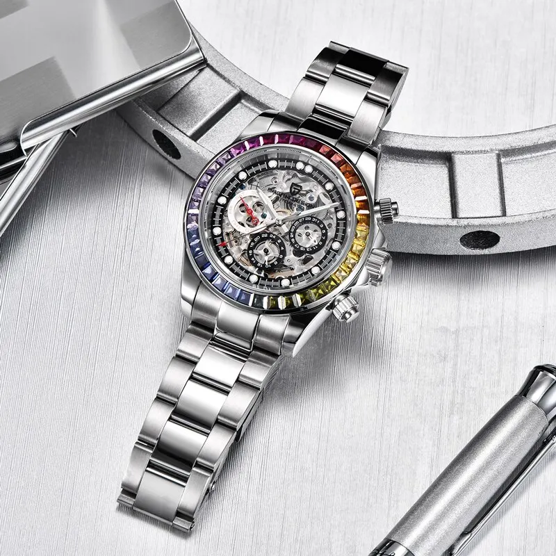 PAGANI DESIGN Orologio da polso meccanico da uomo con lunetta arcobaleno alla moda Orologio automatico da uomo con design scavato in vetro zaffiro di lusso  1511