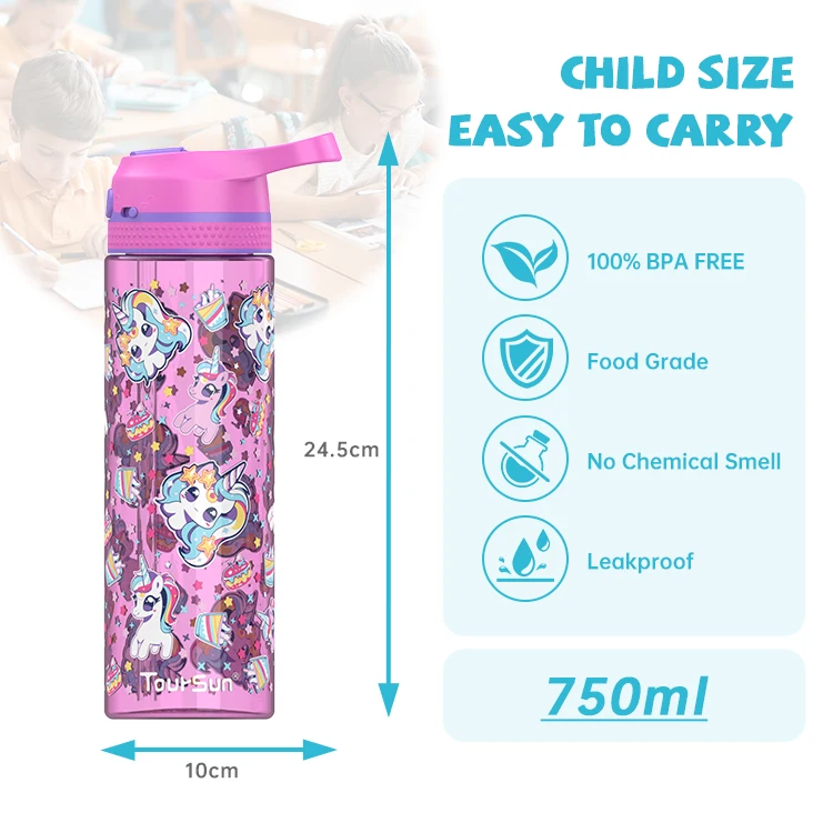 750ml Children Push Button Tritan Bottle Cute Kids Water Bottle With Bpa-Free Silicone Straw for Kids
