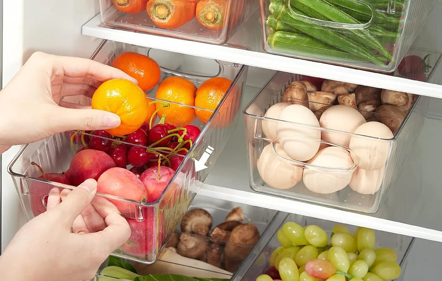Clear Stackable Food Organizer Bins with Handles Removable Dividers for Pantry Organization and Storage
