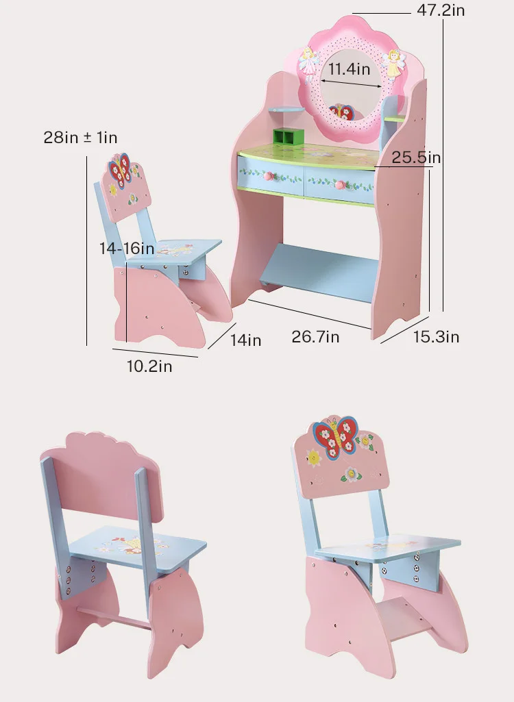 Kids Dressing Table Girls Wooden Fairy Dressing Table Chair Vanity Dressing  Table