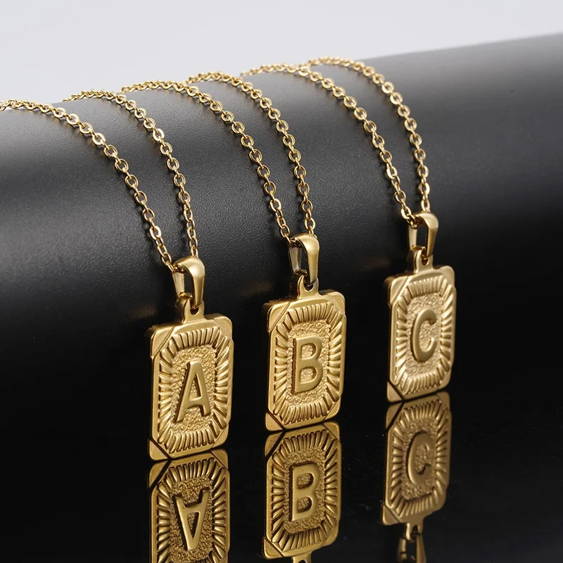 Minimalist Gold Square Alphabet Rectangle Initial Letter Boho Vintage Medallion Pendant Necklace