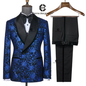 Cenne Des Graoom 2026 Elegant Luxury Blue Double Breasted Suits for Men Shining Tuxedo Jacket Trousers 2 Pieces Wedding Party