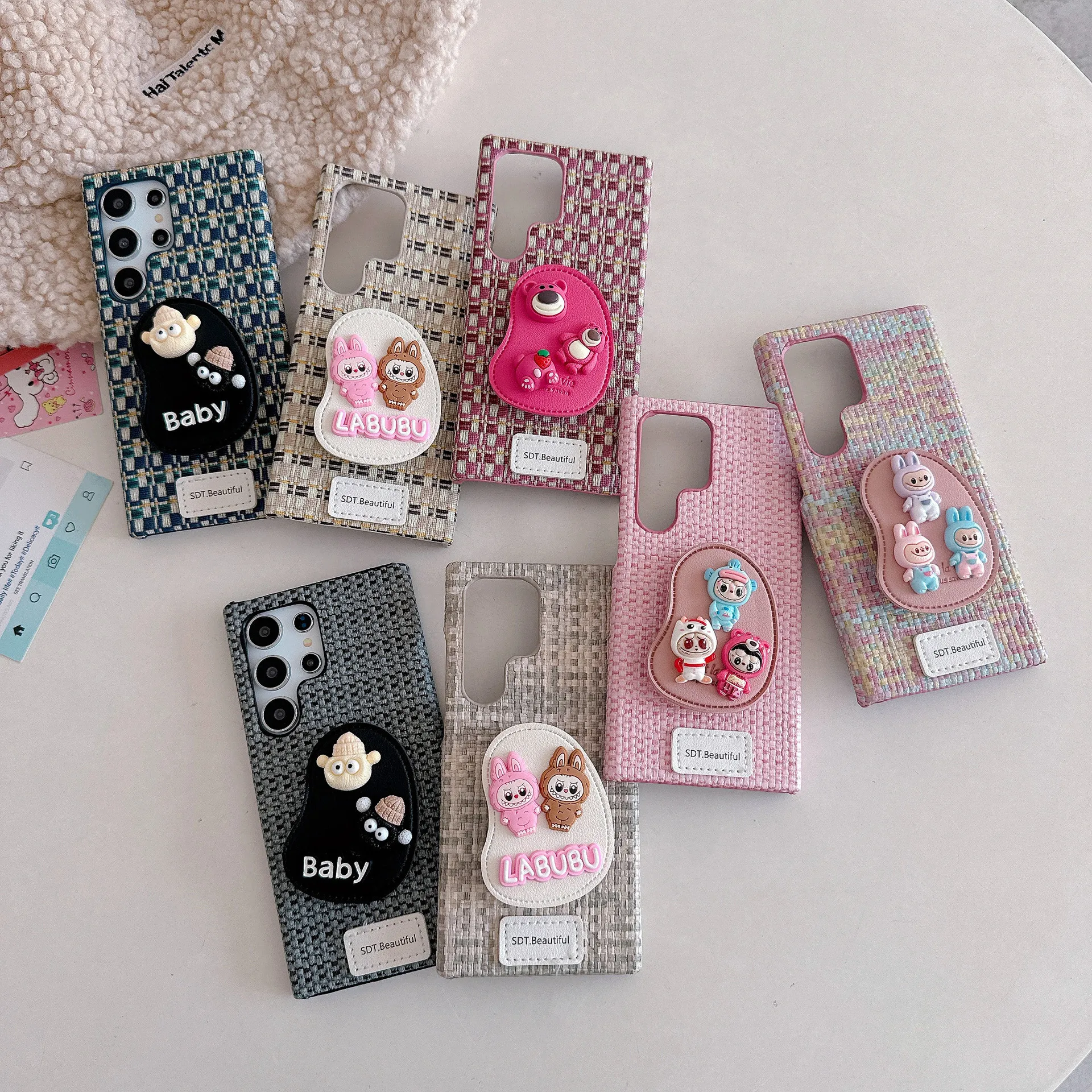 Cute Labubu Stand Woven Mobile Phone Case for Samsung Galaxy S25 S24 S23 ultra Sweet Cartoon Nylon Holder Shockproof Back Cover Cute Labubu Stand Woven Mobile Phone Case for Samsung Galaxy S25 S24 S23 ultra Sweet Cartoon Nylon Holder Shockproof Back Cover
