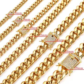 Double Sided Diamond Zircon Custom Logo Clasp Hip Hop 316L Stainless Steel 6-18MM Thick Miami Cuban Chain Gold Necklace Jewelry