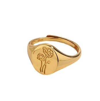 Dainty S925 sterling silver round Signet peony Flower Ring 18k gold plated engraved butterfly plants bague ins jewelry