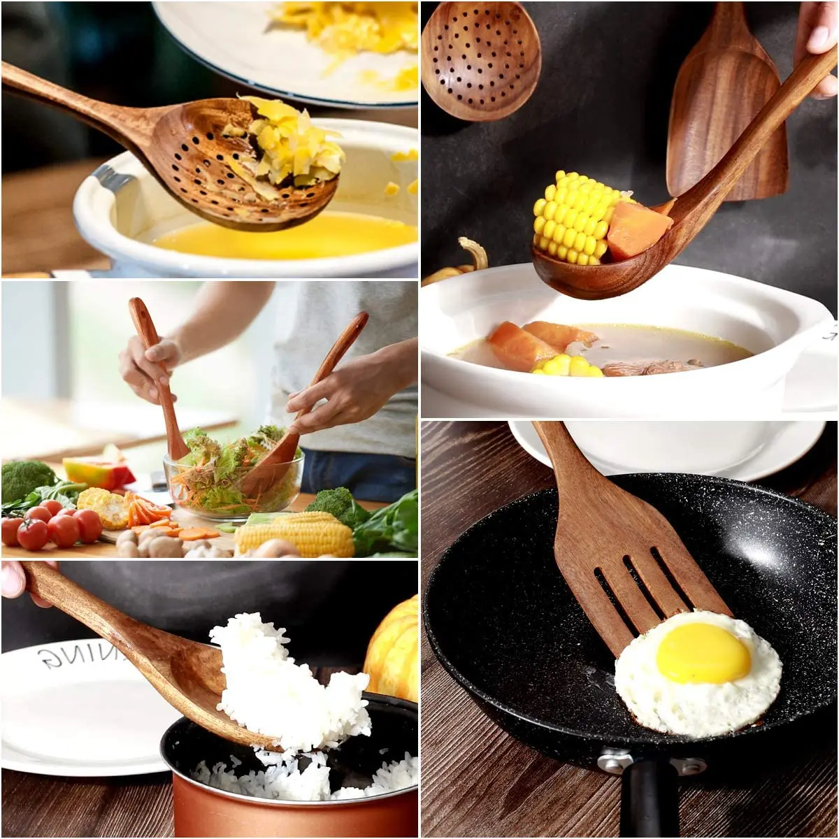 6PCS Wooden Bamboo Spoons Spatula Cooking Kitchen Utensil Set for Cooking 10 Customized Package Wood BROWN Kitchenware 6 Pcs