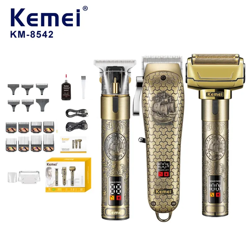 Kemei Max KM-8542 Pro, coffret cadeau super luxueux combiné incluant une tondeuse pour cheveux, un appareil de coiffure pour barbiers, un rasoir pour barbe et un nettoyeur électrique pour tête — ensemble 3-en-1.