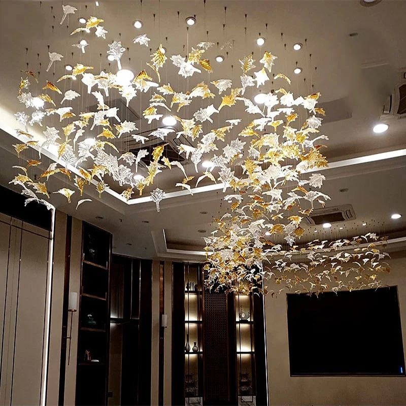 Maple Leaf Chandelier Pendant Light High Ceiling Blown Glass Chandelier Lighting For Hotel Lobby