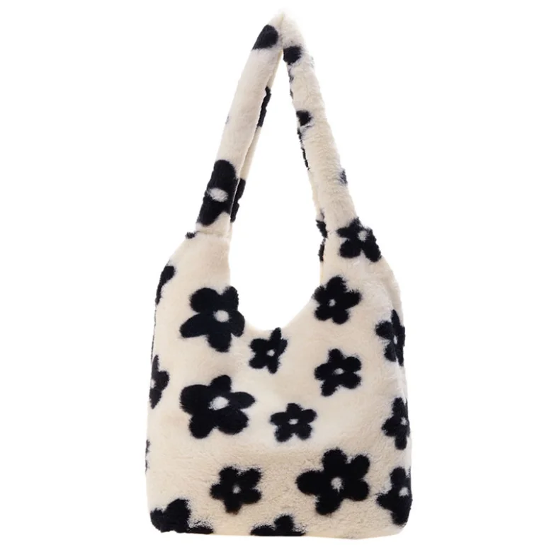 Vintage Flower Hobo Fuzzy Black Women Plush White Furry Purse