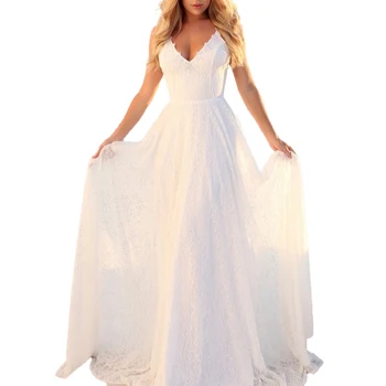 Ma&Baby Women's White Maxi Lace V-Neck Wedding Dress Elegant Evening Party Beach Sundress Embroidered Casual Solid Print Day
