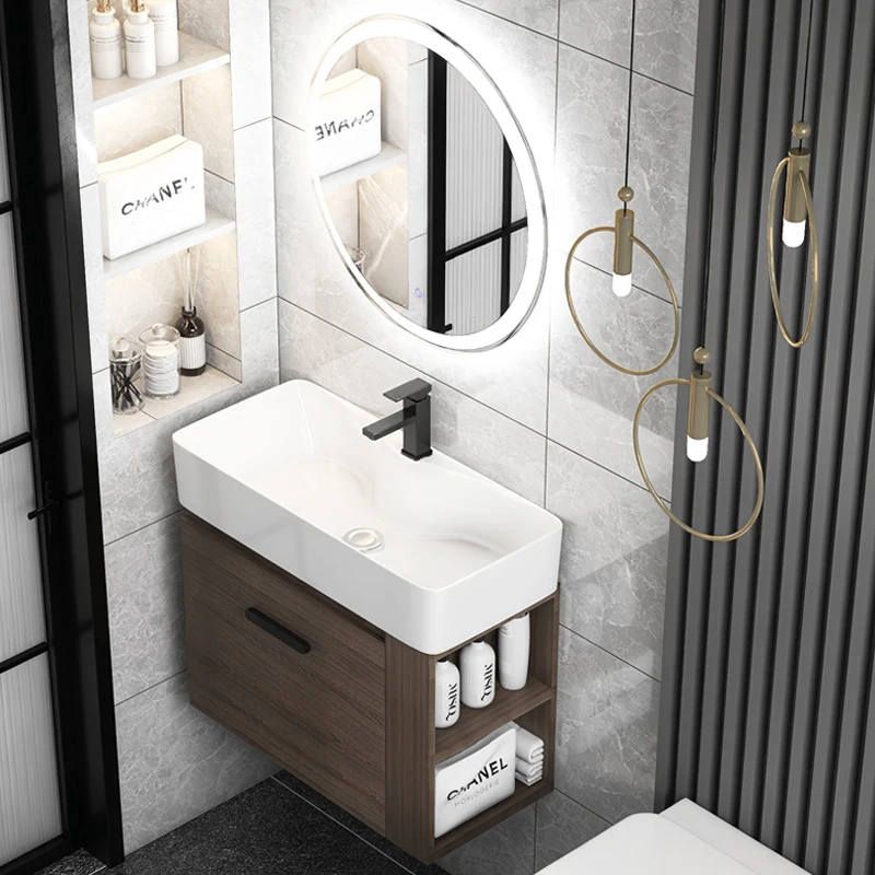 木製小型壁掛けバスルームキャビネットトイレ洗面台コンビネーション収納洗面台キャビネット一体型カウンタートップ