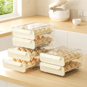 Transparent Double Layer Egg Storage Box 32 Compartments Drawer Type for Household Refrigerator Fresh-Keeping Plastic Bin