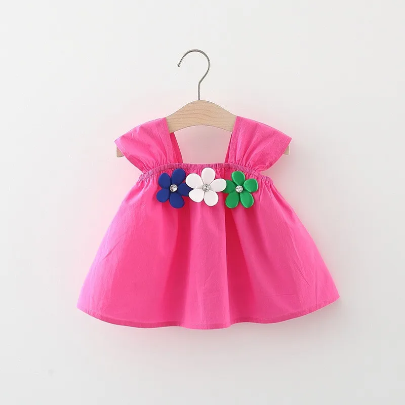 Baby Girl Summer Dress Suspender Short Sleeve Solid Dress With Sparkle Flowers Girls Smocked