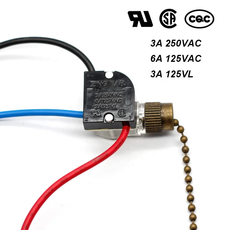 Leviton 1689-50 Pull Chain Switch, 3-Speed 4-Position, 6A-125V / 3A-250V, With #6 Chain & Bell Nut, 3-3/4" Long